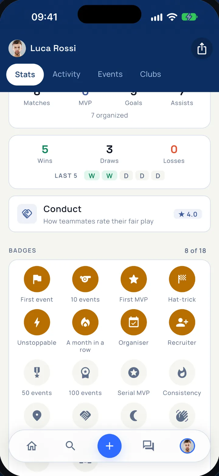 Sportivoo app screen: profile stats and badges