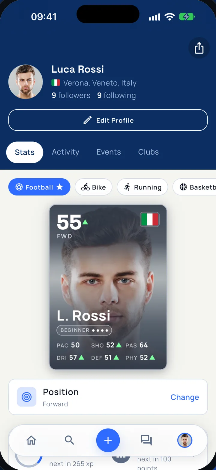 Sportivoo app screen: the player card