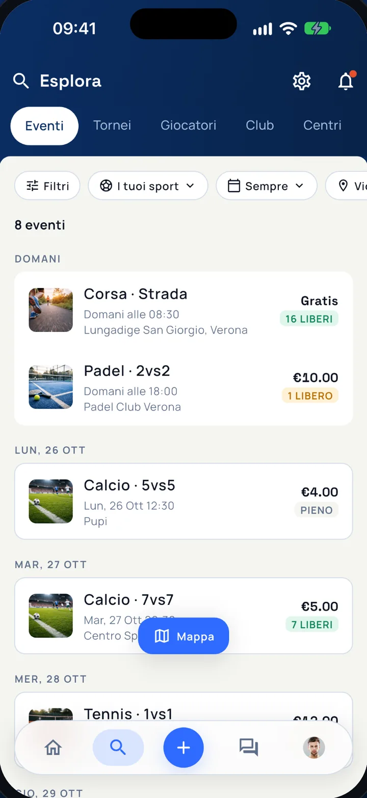 Schermata dell'app Sportivoo: la ricerca degli eventi vicino a te