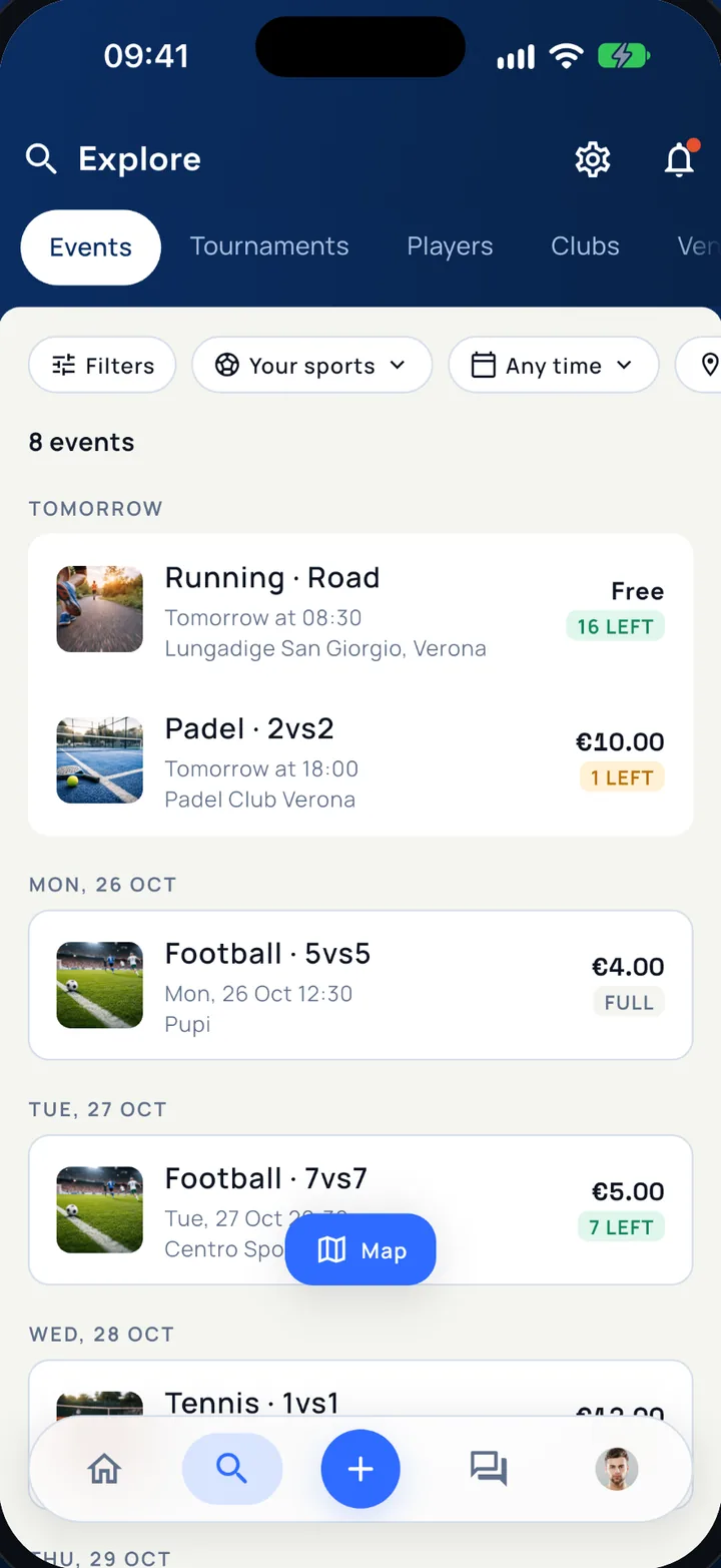 Sportivoo app screen: searching for events near you