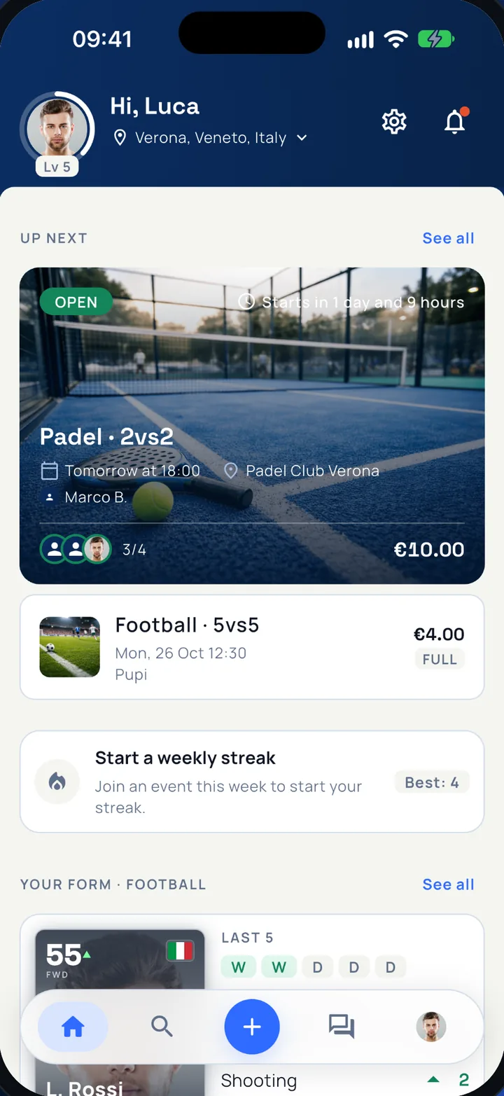Sportivoo app screen: the home screen with upcoming events