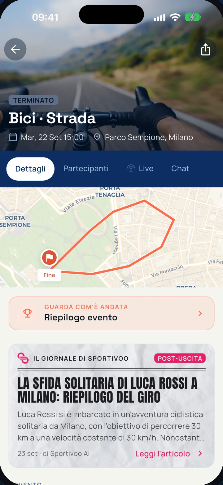Schermata dell'app Sportivoo: un giro in bici con il percorso e il giornale dell'uscita