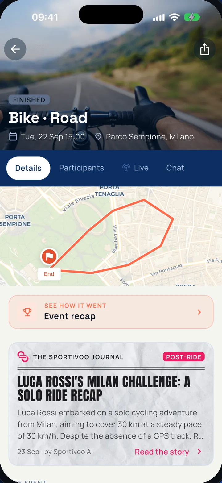Sportivoo app screen: a bike ride with its route and the ride's journal