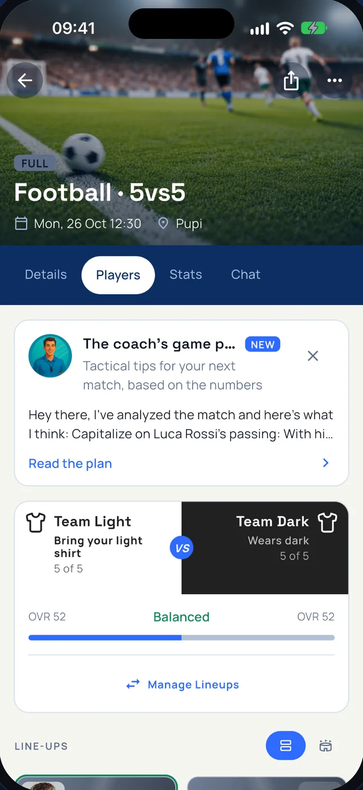 Sportivoo app screen: the teams of a game with the coach's plan