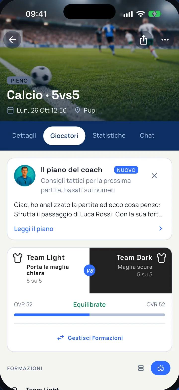 Schermata dell'app Sportivoo: le squadre di una partita con il piano del coach